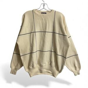 Nautica Sweater Mens XXL Cream Blue Cotton Windowpane Embroidered Logo Vintage